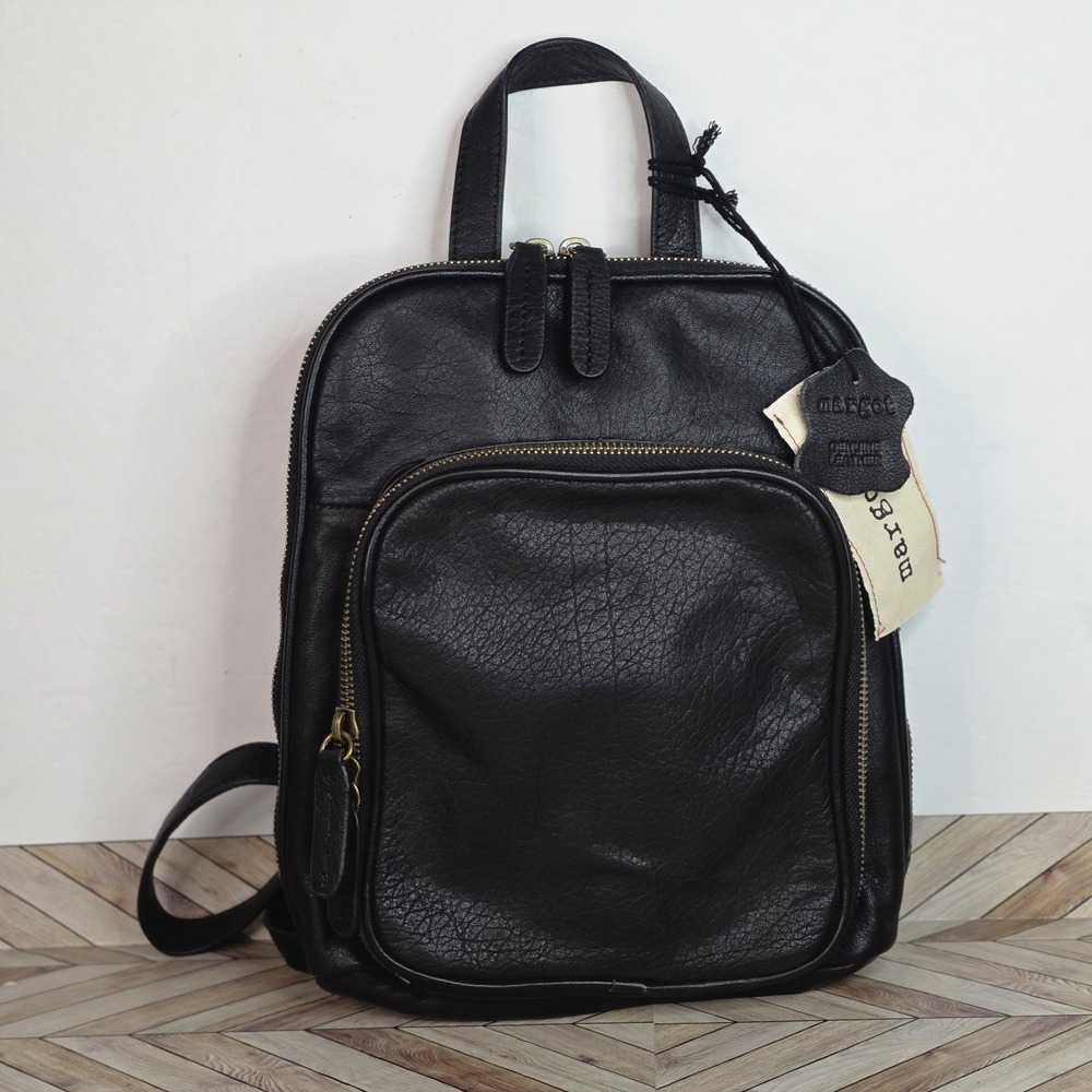 MARGOT New York Kimmie Leather Backpack Black Double Zip top Handle New With Tag